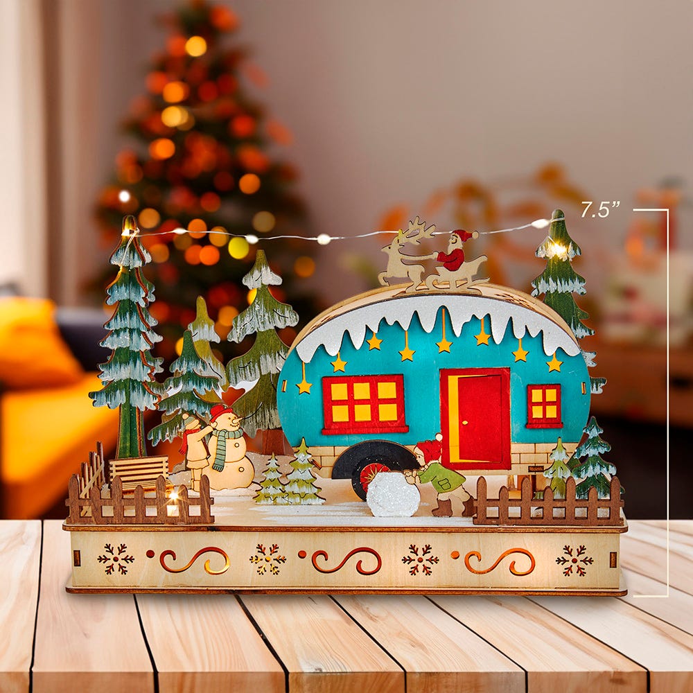 Kurt Adler 7.5-Inch Battery-Operated Wooden Light Up Camper with Santa